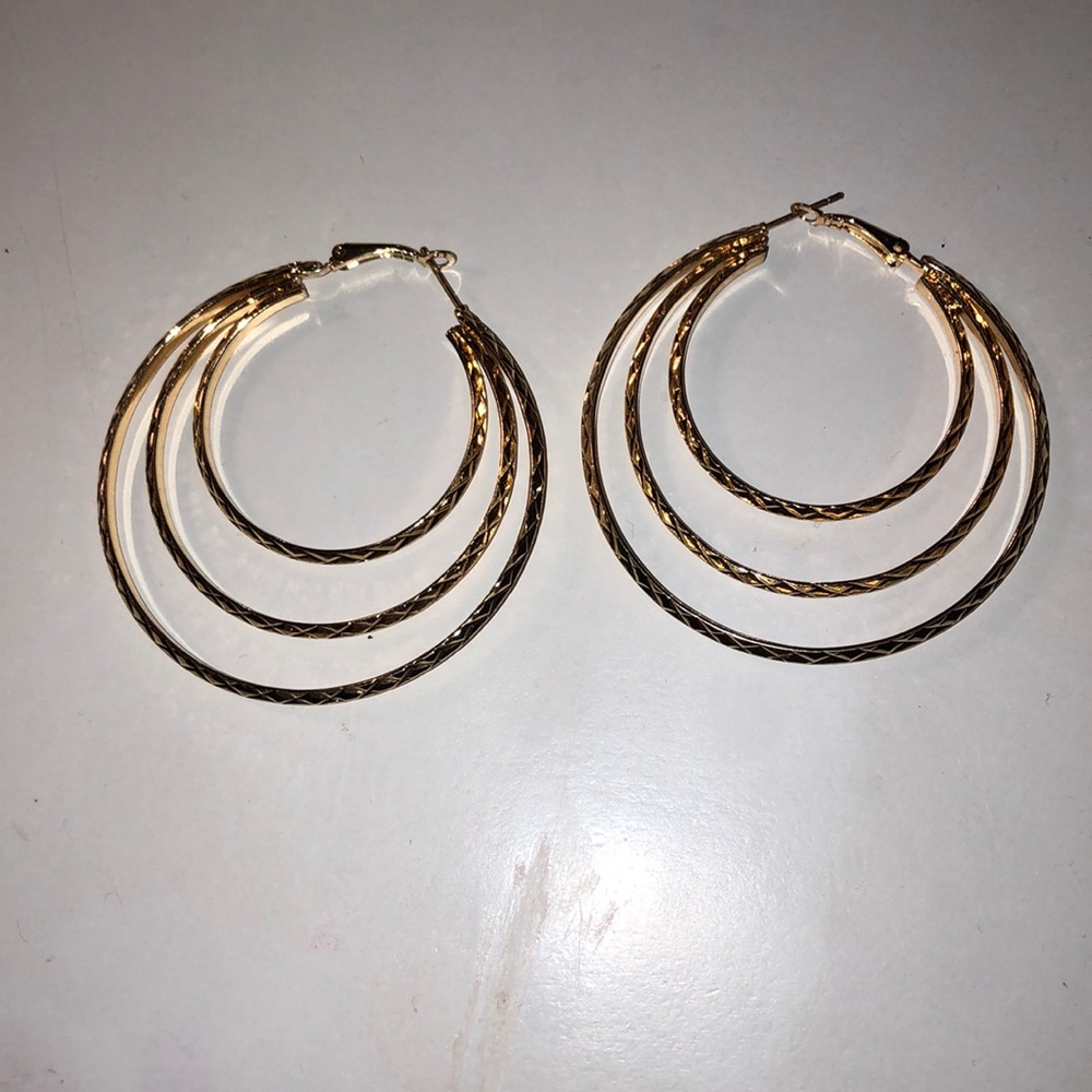 Gold Three Ring Hoop Earrings